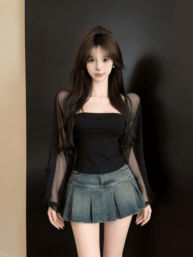 실사 여름 순수한 욕망 보트넥 패치워크 긴팔 품격 맨위 핫걸 쇼트 스타일 몸매 가꾸기 풀오버 페이크 레이어드 티셔츠 상세 이미지 7