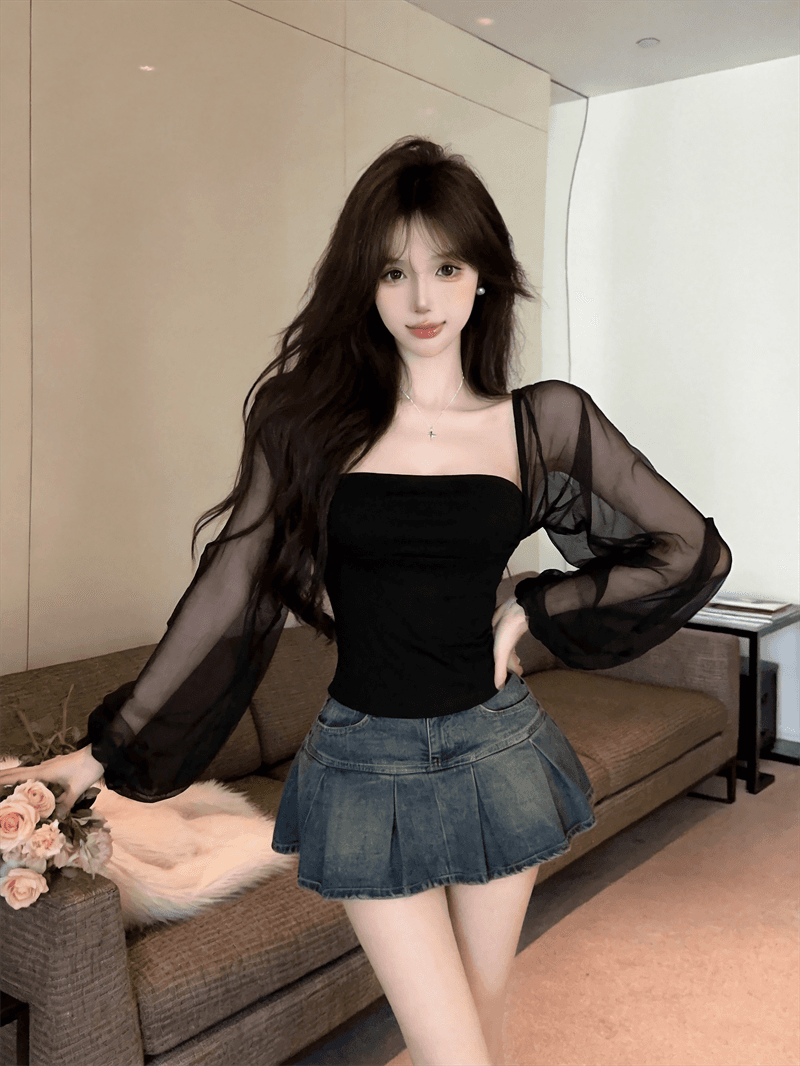 실사 여름 순수한 욕망 보트넥 패치워크 긴팔 품격 맨위 핫걸 쇼트 스타일 몸매 가꾸기 풀오버 페이크 레이어드 티셔츠 상세 이미지 8