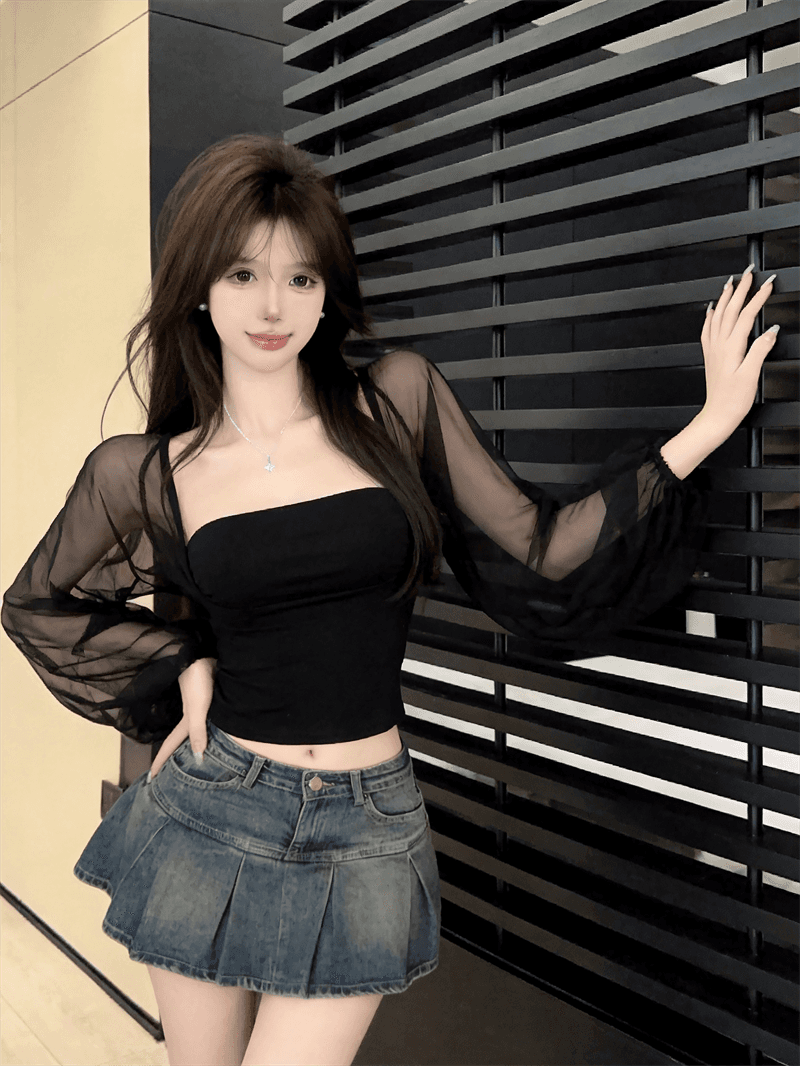 실사 여름 순수한 욕망 보트넥 패치워크 긴팔 품격 맨위 핫걸 쇼트 스타일 몸매 가꾸기 풀오버 페이크 레이어드 티셔츠 상세 이미지 10