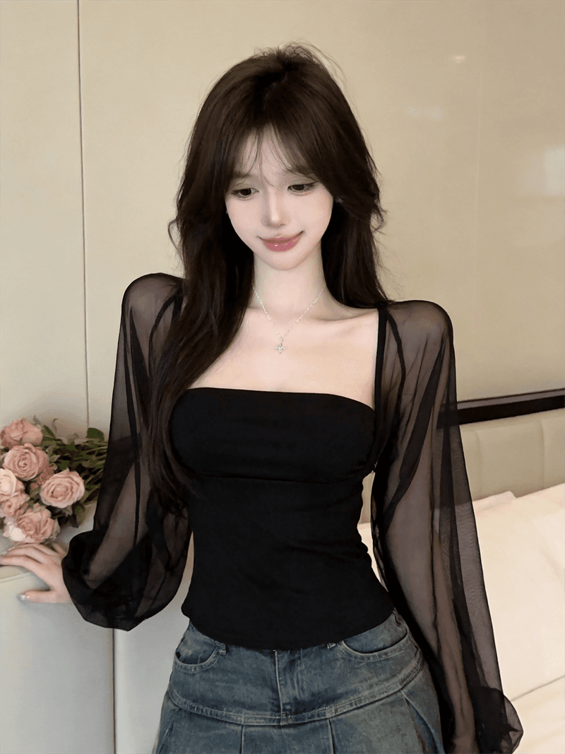 실사 여름 순수한 욕망 보트넥 패치워크 긴팔 품격 맨위 핫걸 쇼트 스타일 몸매 가꾸기 풀오버 페이크 레이어드 티셔츠