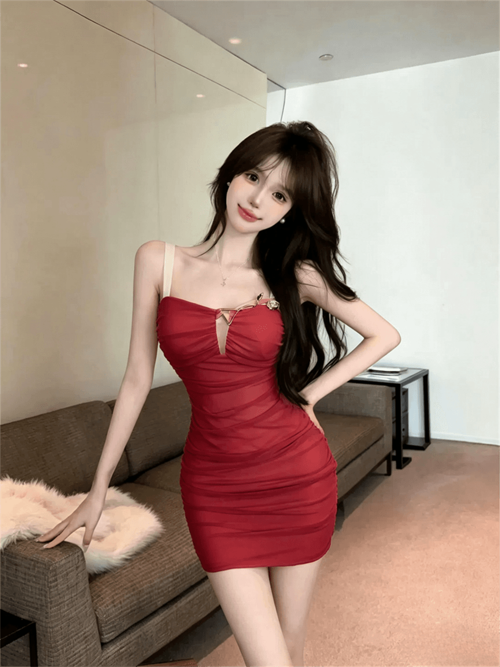 실사 여름 보트넥 패치워크 포장 가슴 백리스 슬립 미니 스커트 섹시함 타이트 스커트 순수한 욕망 바람 펌프 Pleat 드레스 이미지 2