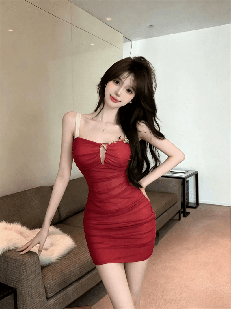 실사 여름 보트넥 패치워크 포장 가슴 백리스 슬립 미니 스커트 섹시함 타이트 스커트 순수한 욕망 바람 펌프 Pleat 드레스 상세 이미지 2