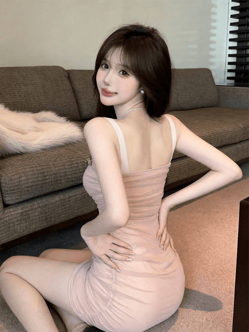 실사 여름 보트넥 패치워크 포장 가슴 백리스 슬립 미니 스커트 섹시함 타이트 스커트 순수한 욕망 바람 펌프 Pleat 드레스 상세 이미지 10