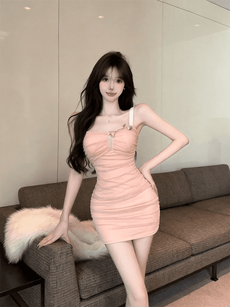 실사 여름 보트넥 패치워크 포장 가슴 백리스 슬립 미니 스커트 섹시함 타이트 스커트 순수한 욕망 바람 펌프 Pleat 드레스 상세 이미지 11