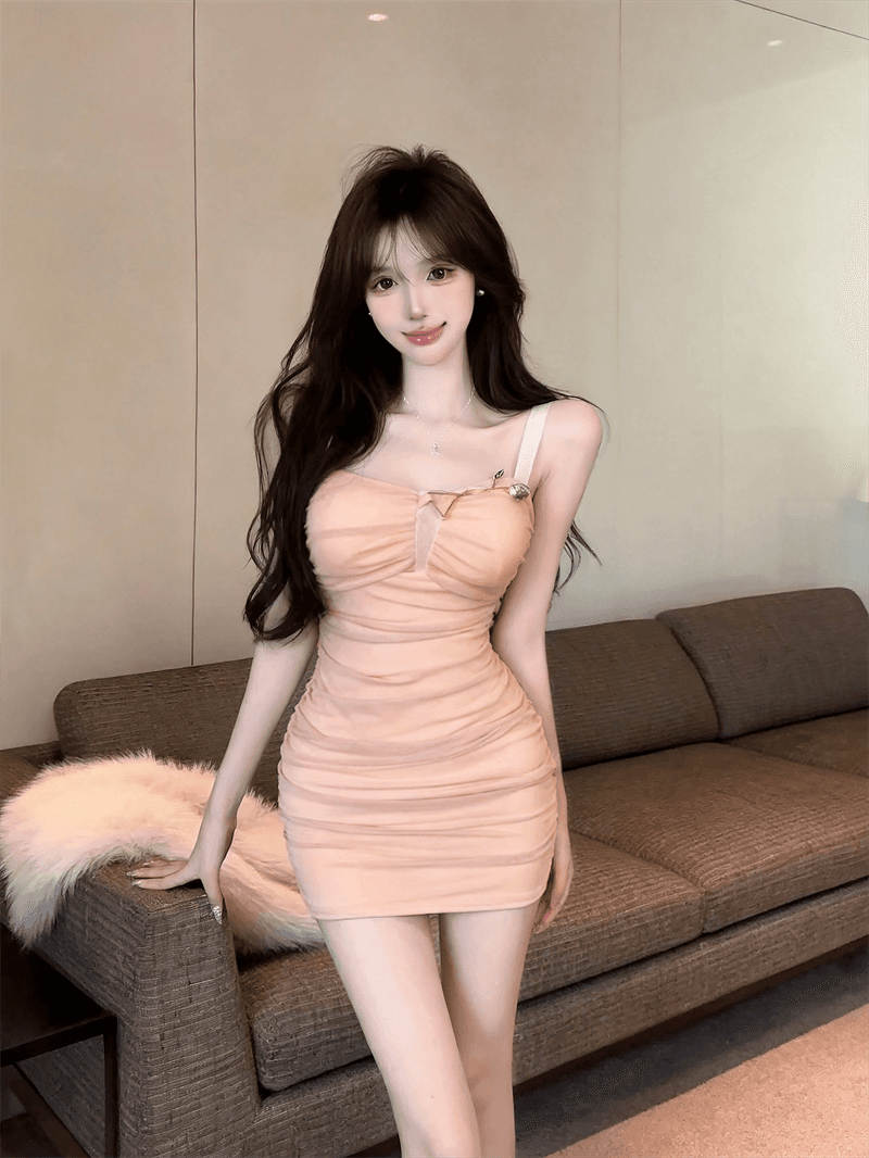 실사 여름 보트넥 패치워크 포장 가슴 백리스 슬립 미니 스커트 섹시함 타이트 스커트 순수한 욕망 바람 펌프 Pleat 드레스 상세 이미지 13