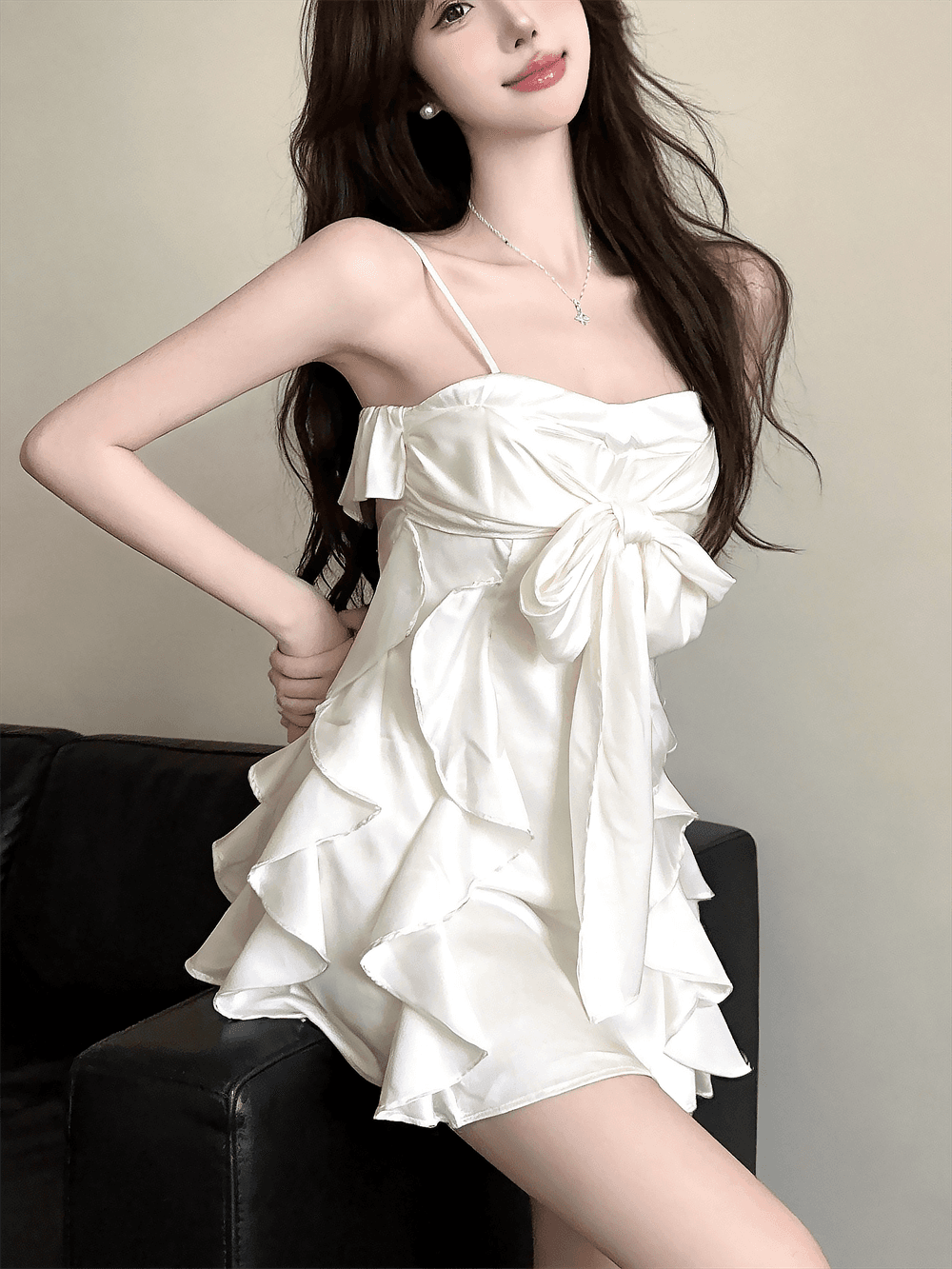실사 여름 품격 보트넥 패치워크 불규칙 민소매 미니 스커트 섹시함 백리스 나비 매듭 슬립 드레스 이미지 3
