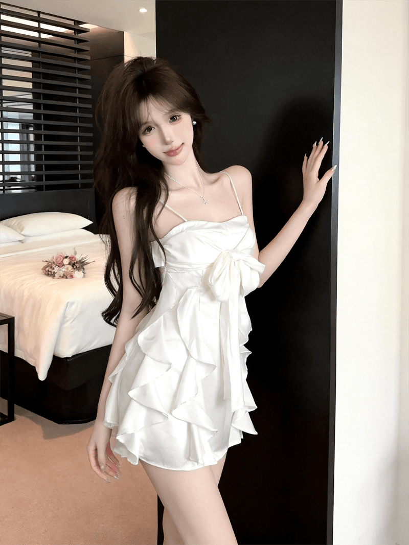 실사 여름 품격 보트넥 패치워크 불규칙 민소매 미니 스커트 섹시함 백리스 나비 매듭 슬립 드레스 상세 이미지 5