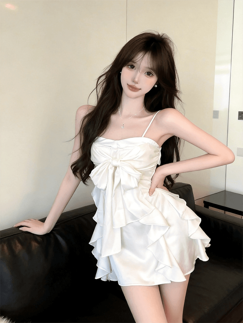 실사 여름 품격 보트넥 패치워크 불규칙 민소매 미니 스커트 섹시함 백리스 나비 매듭 슬립 드레스 상세 이미지 7