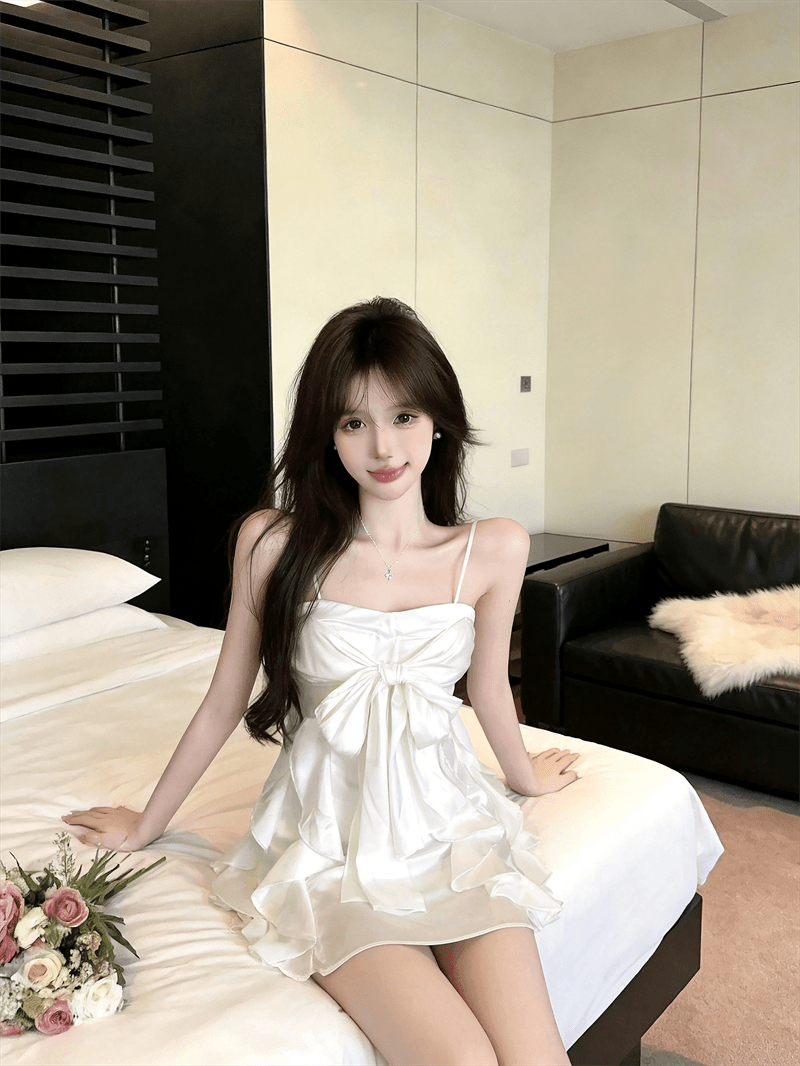 실사 여름 품격 보트넥 패치워크 불규칙 민소매 미니 스커트 섹시함 백리스 나비 매듭 슬립 드레스 상세 이미지 8