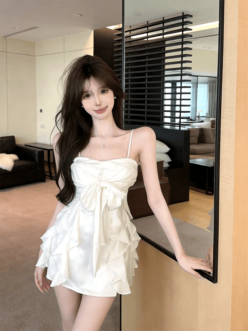 실사 여름 품격 보트넥 패치워크 불규칙 민소매 미니 스커트 섹시함 백리스 나비 매듭 슬립 드레스 상세 이미지 13