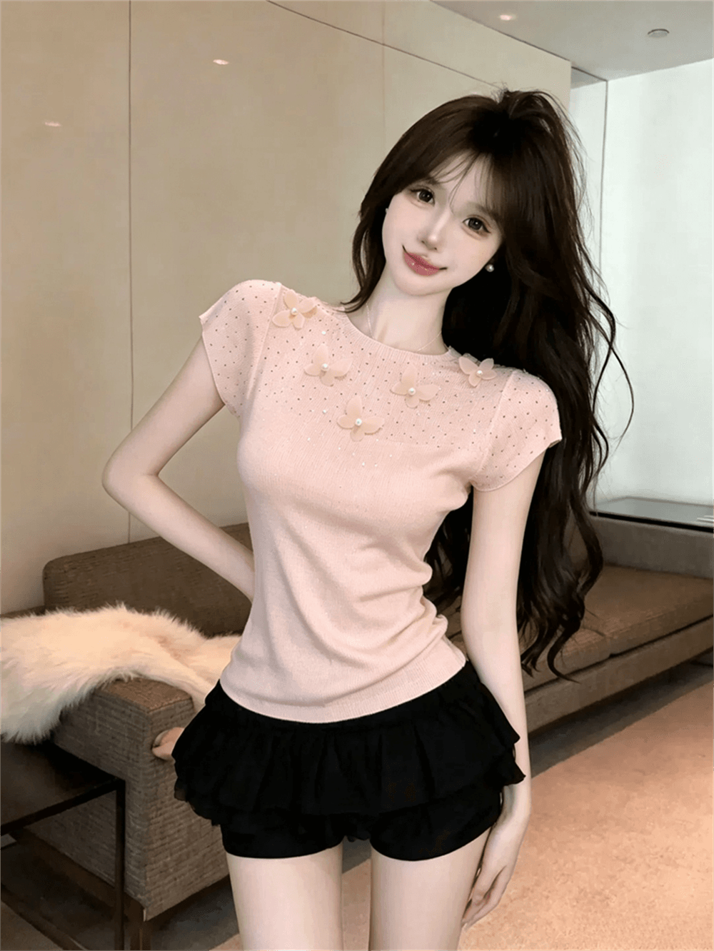 실사 여름 라운드 넥 패치워크 3 차원 꽃 몸매 가꾸기 반팔 스팽글 달콤함 디자인 센스 풀오버 니트 티셔츠 이미지 2
