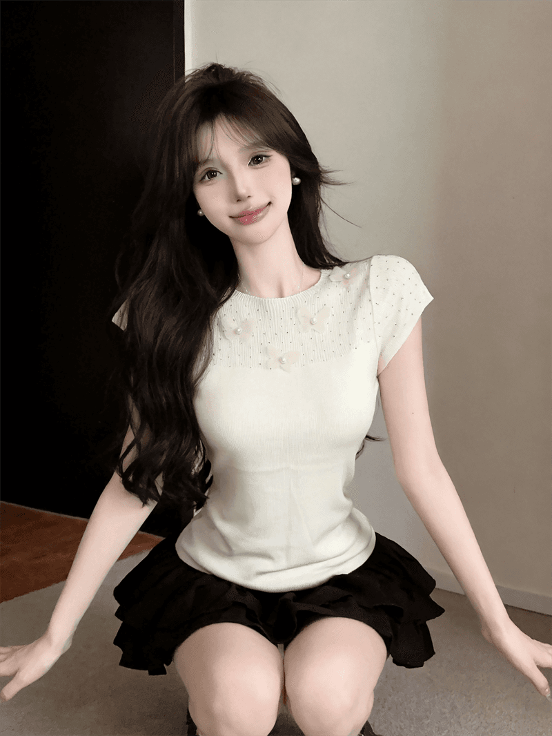 실사 여름 라운드 넥 패치워크 3 차원 꽃 몸매 가꾸기 반팔 스팽글 달콤함 디자인 센스 풀오버 니트 티셔츠 상세 이미지 1