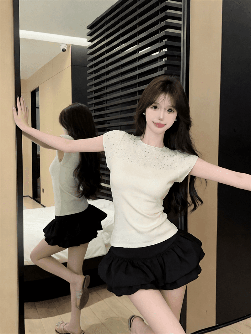 실사 여름 라운드 넥 패치워크 3 차원 꽃 몸매 가꾸기 반팔 스팽글 달콤함 디자인 센스 풀오버 니트 티셔츠 상세 이미지 2