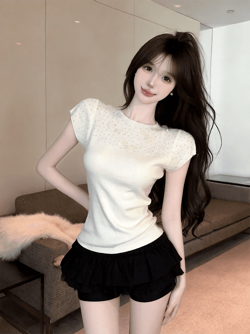 실사 여름 라운드 넥 패치워크 3 차원 꽃 몸매 가꾸기 반팔 스팽글 달콤함 디자인 센스 풀오버 니트 티셔츠 상세 이미지 3