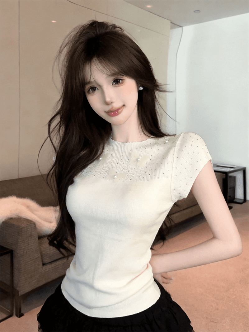 실사 여름 라운드 넥 패치워크 3 차원 꽃 몸매 가꾸기 반팔 스팽글 달콤함 디자인 센스 풀오버 니트 티셔츠 상세 이미지 4