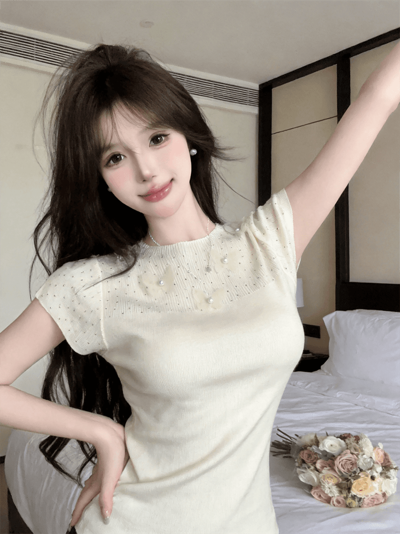 실사 여름 라운드 넥 패치워크 3 차원 꽃 몸매 가꾸기 반팔 스팽글 달콤함 디자인 센스 풀오버 니트 티셔츠 상세 이미지 5