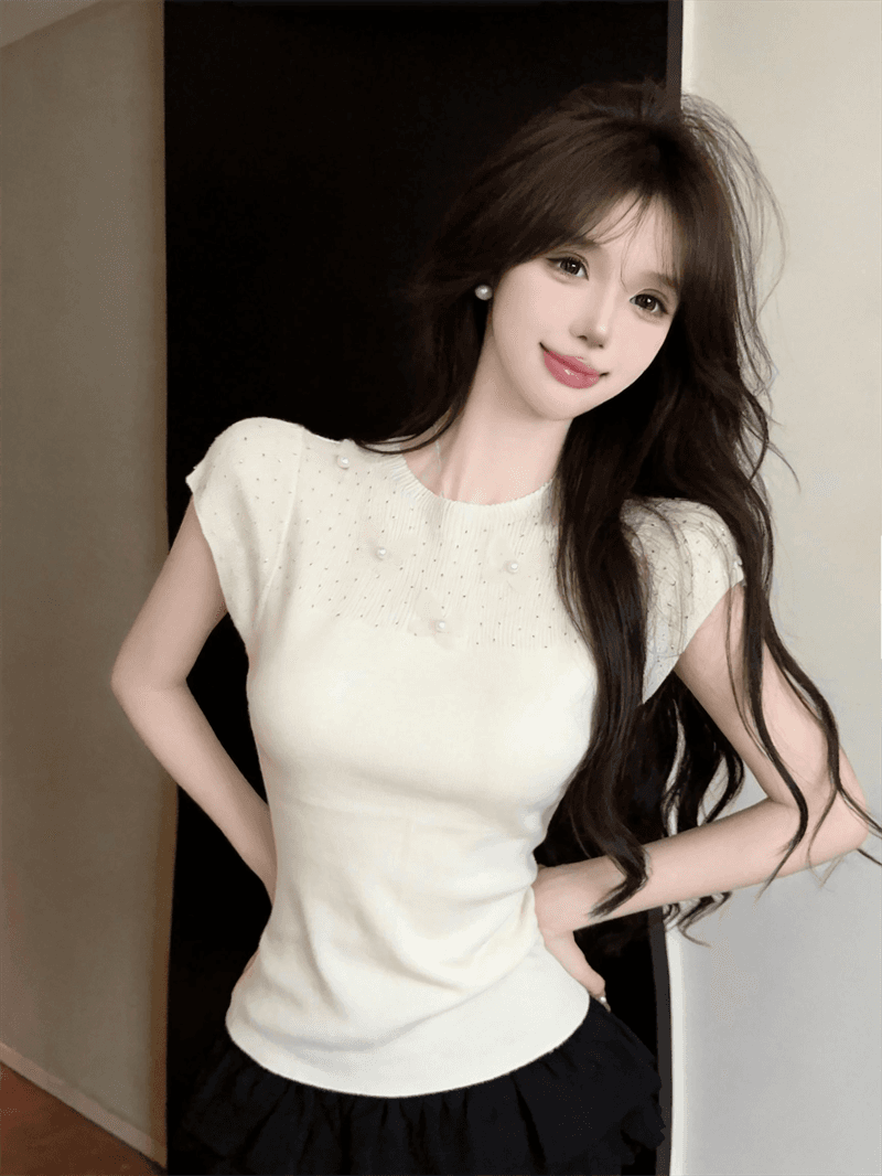 실사 여름 라운드 넥 패치워크 3 차원 꽃 몸매 가꾸기 반팔 스팽글 달콤함 디자인 센스 풀오버 니트 티셔츠 상세 이미지 6