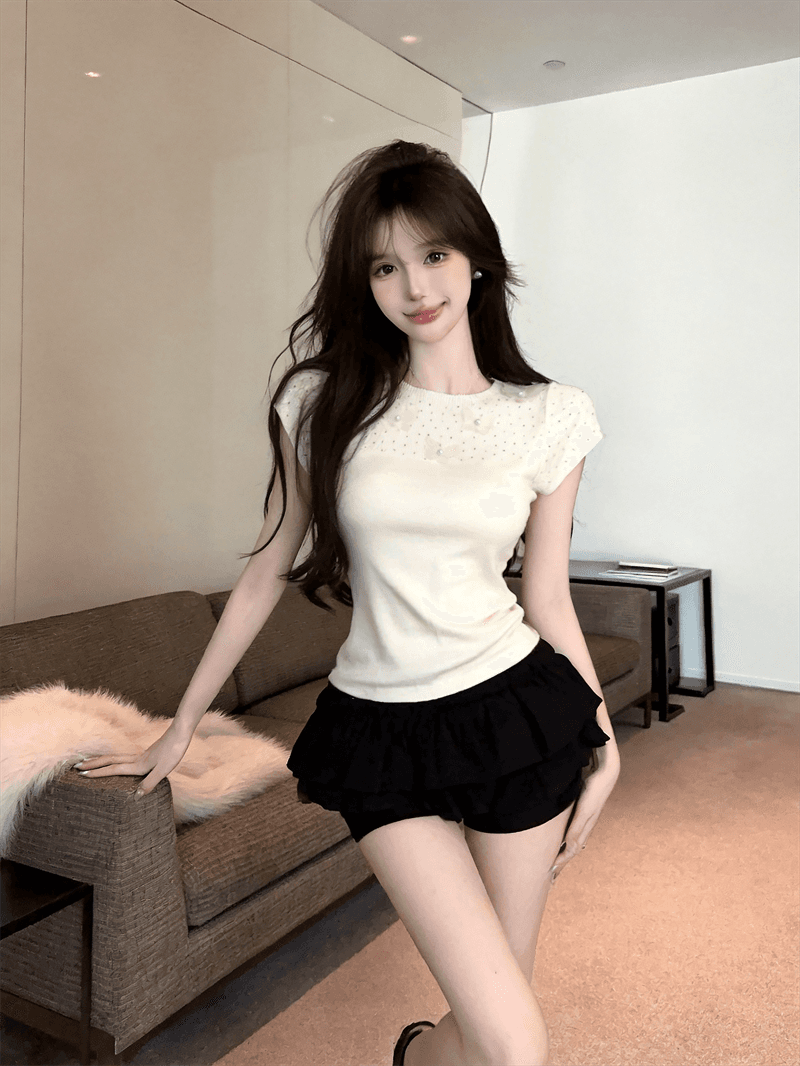 실사 여름 라운드 넥 패치워크 3 차원 꽃 몸매 가꾸기 반팔 스팽글 달콤함 디자인 센스 풀오버 니트 티셔츠 상세 이미지 7