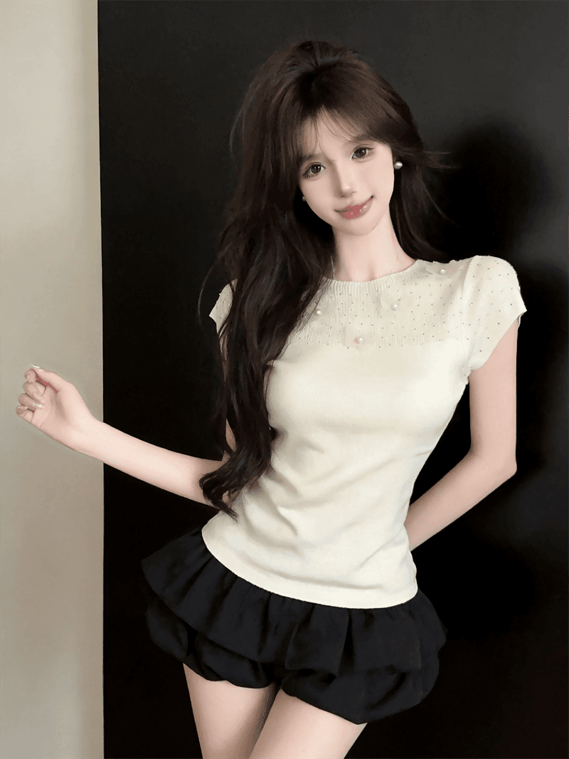 실사 여름 라운드 넥 패치워크 3 차원 꽃 몸매 가꾸기 반팔 스팽글 달콤함 디자인 센스 풀오버 니트 티셔츠 상세 이미지 9