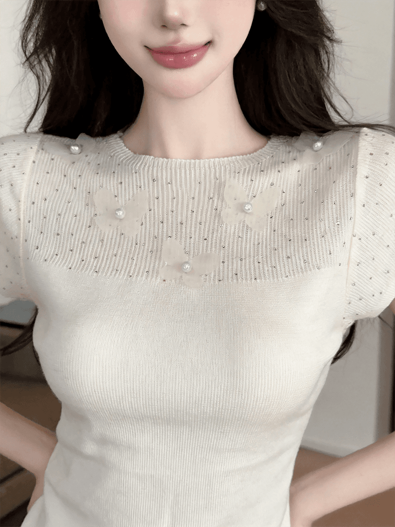 실사 여름 라운드 넥 패치워크 3 차원 꽃 몸매 가꾸기 반팔 스팽글 달콤함 디자인 센스 풀오버 니트 티셔츠 상세 이미지 10