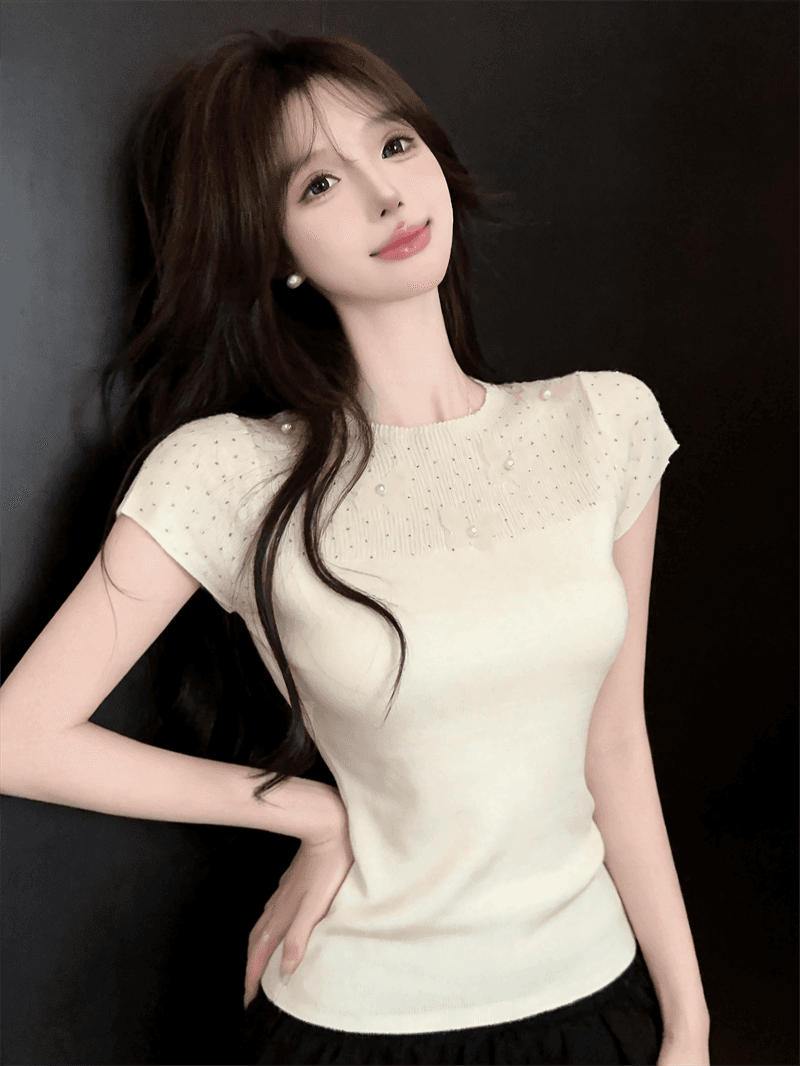 실사 여름 라운드 넥 패치워크 3 차원 꽃 몸매 가꾸기 반팔 스팽글 달콤함 디자인 센스 풀오버 니트 티셔츠 상세 이미지 11