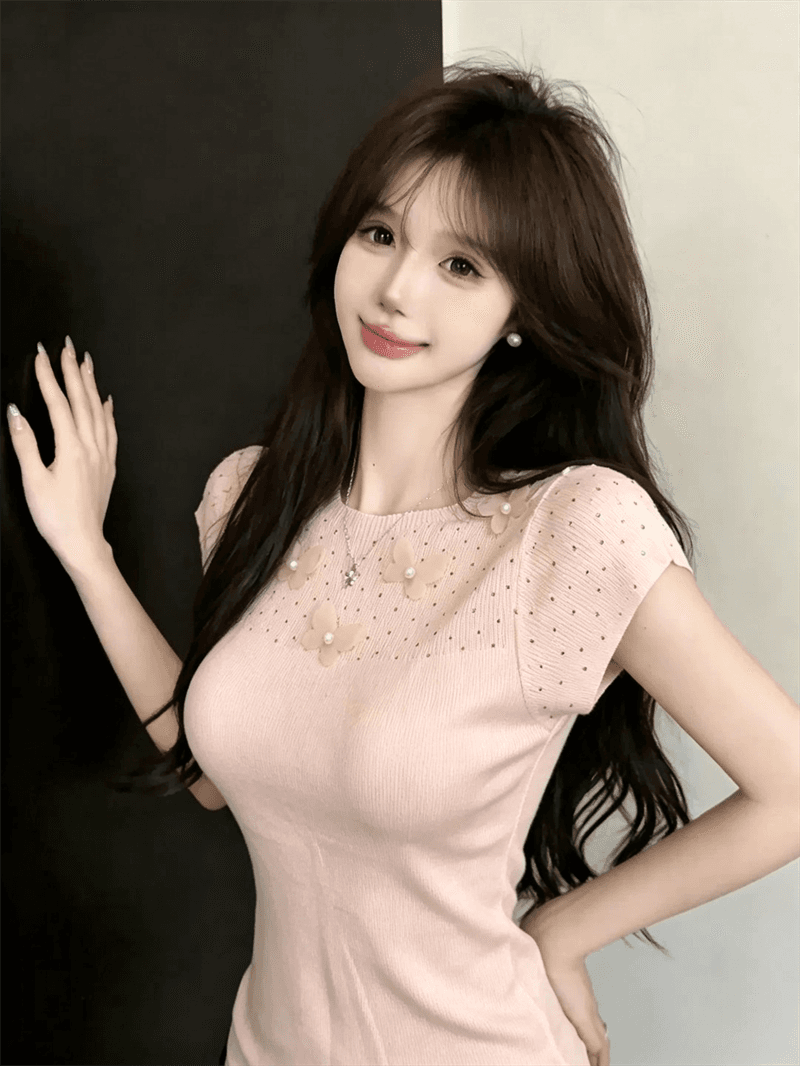실사 여름 라운드 넥 패치워크 3 차원 꽃 몸매 가꾸기 반팔 스팽글 달콤함 디자인 센스 풀오버 니트 티셔츠 상세 이미지 12