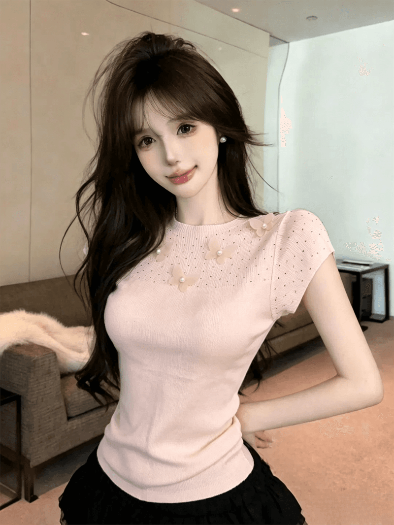 실사 여름 라운드 넥 패치워크 3 차원 꽃 몸매 가꾸기 반팔 스팽글 달콤함 디자인 센스 풀오버 니트 티셔츠 상세 이미지 13
