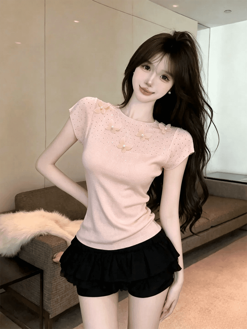 실사 여름 라운드 넥 패치워크 3 차원 꽃 몸매 가꾸기 반팔 스팽글 달콤함 디자인 센스 풀오버 니트 티셔츠 상세 이미지 14