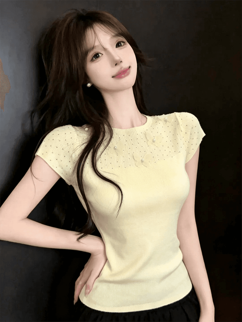 실사 여름 라운드 넥 패치워크 3 차원 꽃 몸매 가꾸기 반팔 스팽글 달콤함 디자인 센스 풀오버 니트 티셔츠 상세 이미지 17