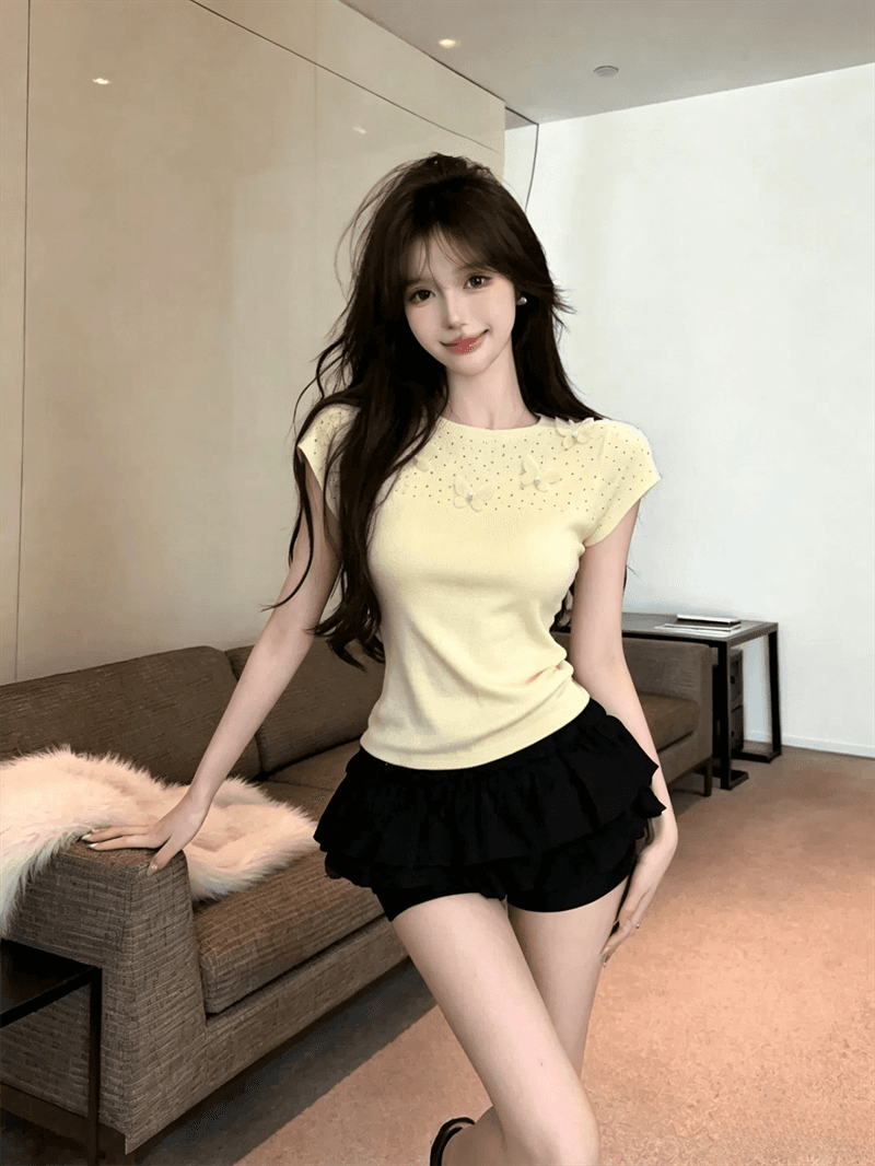 실사 여름 라운드 넥 패치워크 3 차원 꽃 몸매 가꾸기 반팔 스팽글 달콤함 디자인 센스 풀오버 니트 티셔츠 상세 이미지 18