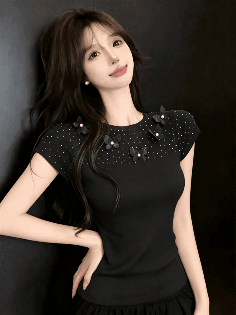 실사 여름 라운드 넥 패치워크 3 차원 꽃 몸매 가꾸기 반팔 스팽글 달콤함 디자인 센스 풀오버 니트 티셔츠 상세 이미지 19