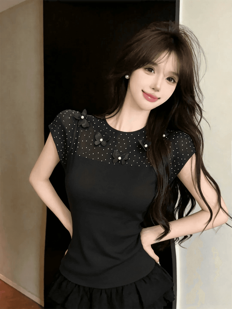실사 여름 라운드 넥 패치워크 3 차원 꽃 몸매 가꾸기 반팔 스팽글 달콤함 디자인 센스 풀오버 니트 티셔츠 상세 이미지 20