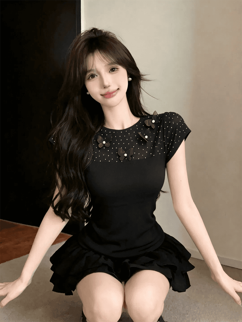 실사 여름 라운드 넥 패치워크 3 차원 꽃 몸매 가꾸기 반팔 스팽글 달콤함 디자인 센스 풀오버 니트 티셔츠 상세 이미지 21