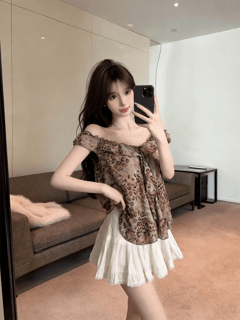 실사 여름 프랑스식 디자인 센스 레이스 V넥 패치워크 레오파드 무늬 맨위 루즈핏 프릴 달콤함 조끼 슬립 상세 이미지 4