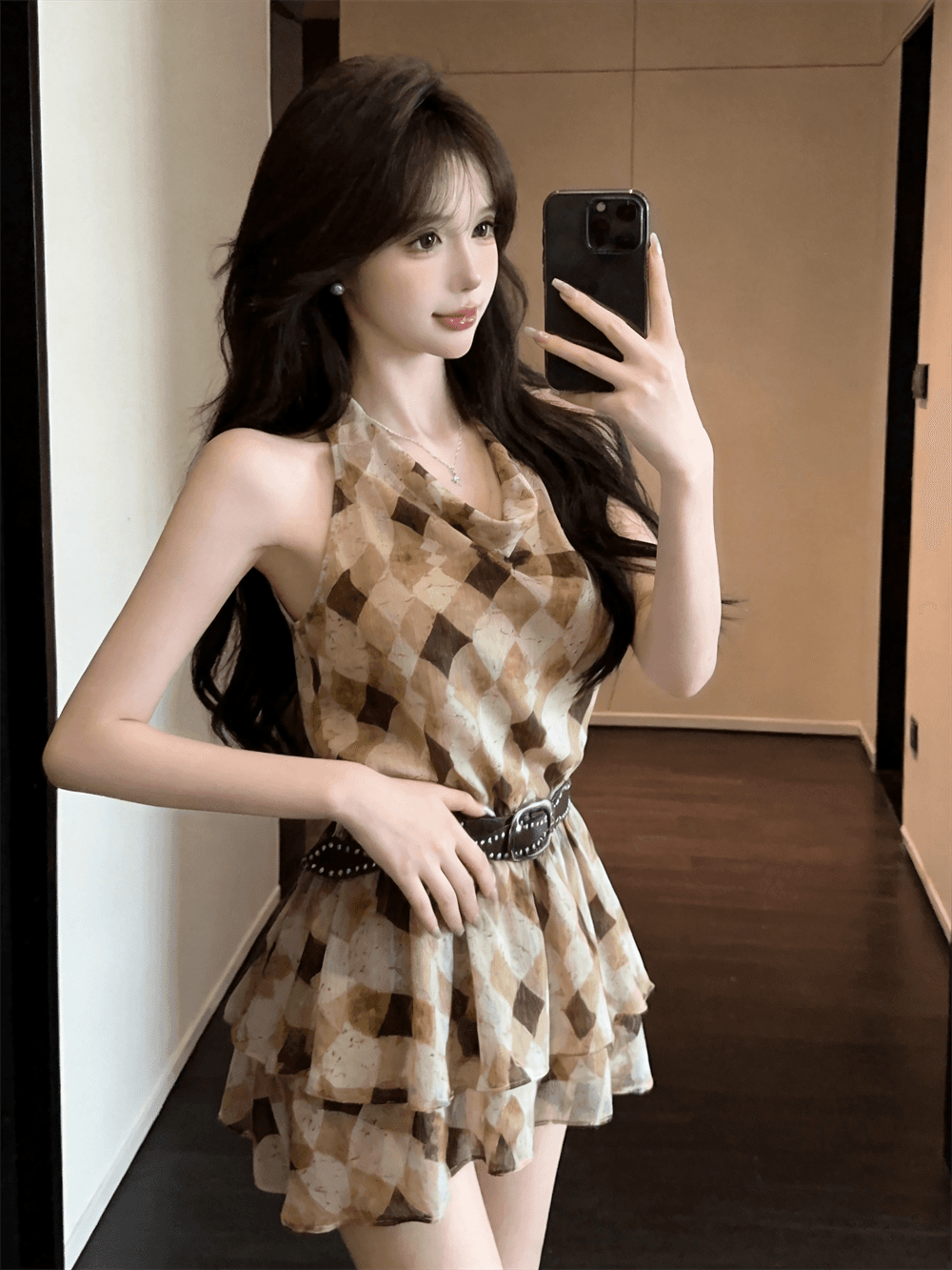 실사 여름 프랑스식 흔들다 칼라 달콤함 허리 수축 슬림해 보이는 중간 길이 티셔츠 순수한 욕망 바람 링 그리드 민소매 섹션 드레스 이미지 4