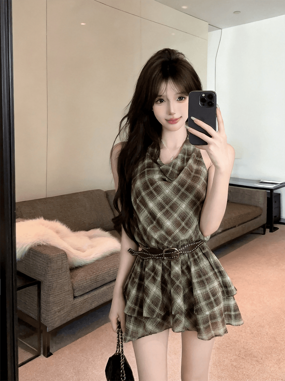 실사 여름 프랑스식 흔들다 칼라 달콤함 허리 수축 슬림해 보이는 중간 길이 티셔츠 순수한 욕망 바람 링 그리드 민소매 섹션 드레스 이미지 2