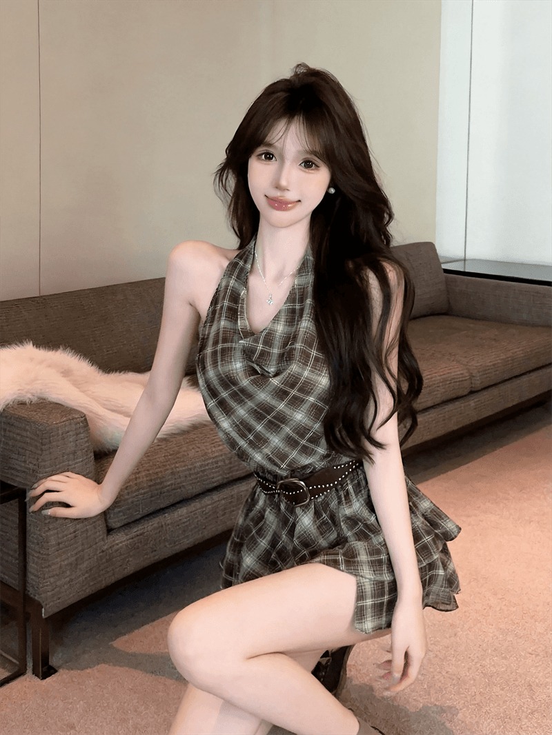 실사 여름 프랑스식 흔들다 칼라 달콤함 허리 수축 슬림해 보이는 중간 길이 티셔츠 순수한 욕망 바람 링 그리드 민소매 섹션 드레스 상세 이미지 3
