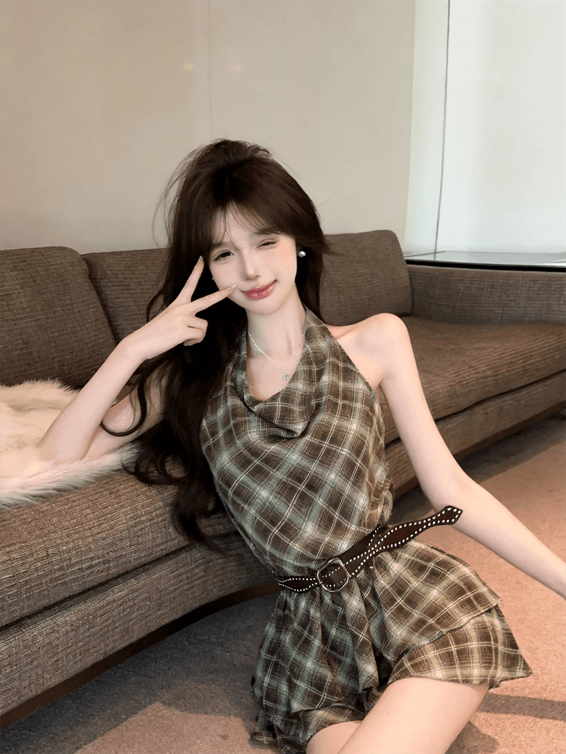 실사 여름 프랑스식 흔들다 칼라 달콤함 허리 수축 슬림해 보이는 중간 길이 티셔츠 순수한 욕망 바람 링 그리드 민소매 섹션 드레스 상세 이미지 4