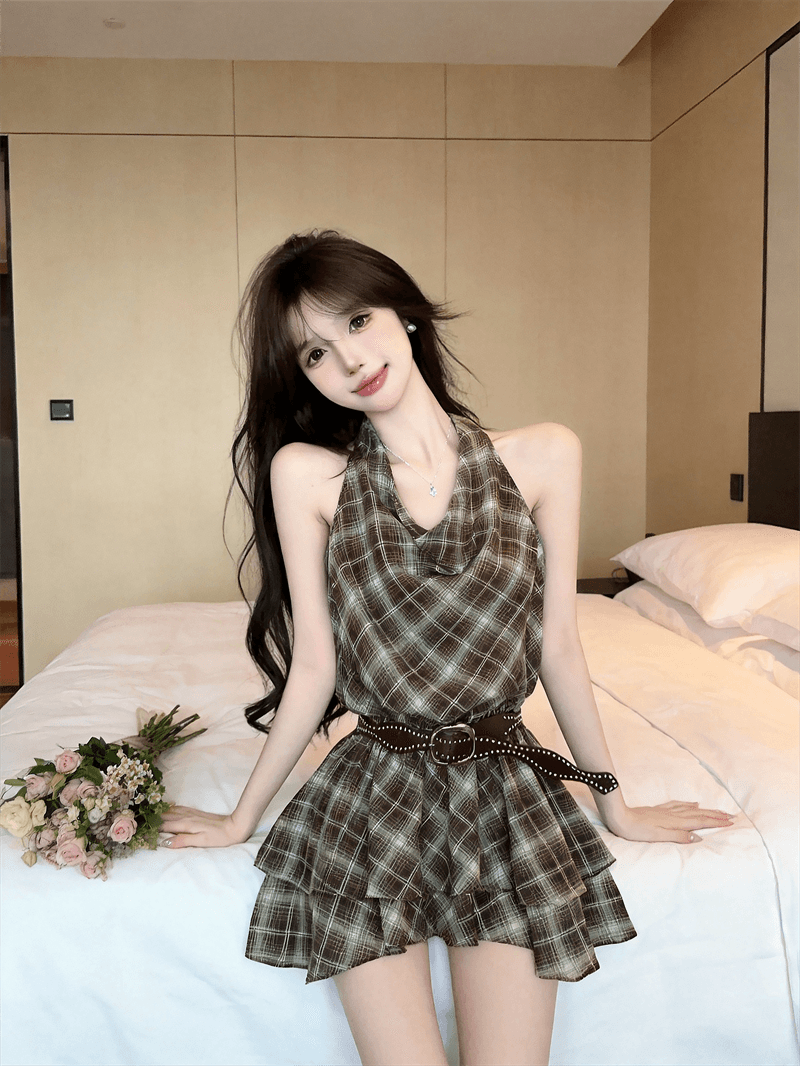 실사 여름 프랑스식 흔들다 칼라 달콤함 허리 수축 슬림해 보이는 중간 길이 티셔츠 순수한 욕망 바람 링 그리드 민소매 섹션 드레스 상세 이미지 7