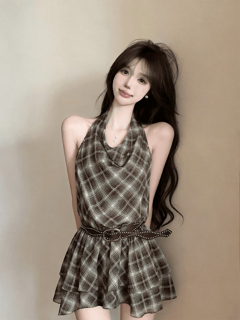 실사 여름 프랑스식 흔들다 칼라 달콤함 허리 수축 슬림해 보이는 중간 길이 티셔츠 순수한 욕망 바람 링 그리드 민소매 섹션 드레스 상세 이미지 11