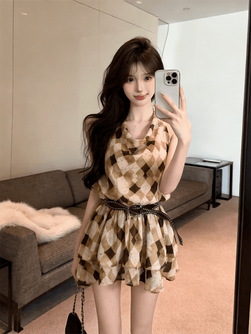 실사 여름 프랑스식 흔들다 칼라 달콤함 허리 수축 슬림해 보이는 중간 길이 티셔츠 순수한 욕망 바람 링 그리드 민소매 섹션 드레스 상세 이미지 17