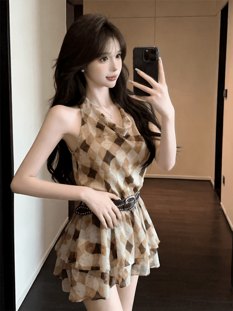 실사 여름 프랑스식 흔들다 칼라 달콤함 허리 수축 슬림해 보이는 중간 길이 티셔츠 순수한 욕망 바람 링 그리드 민소매 섹션 드레스 상세 이미지 25