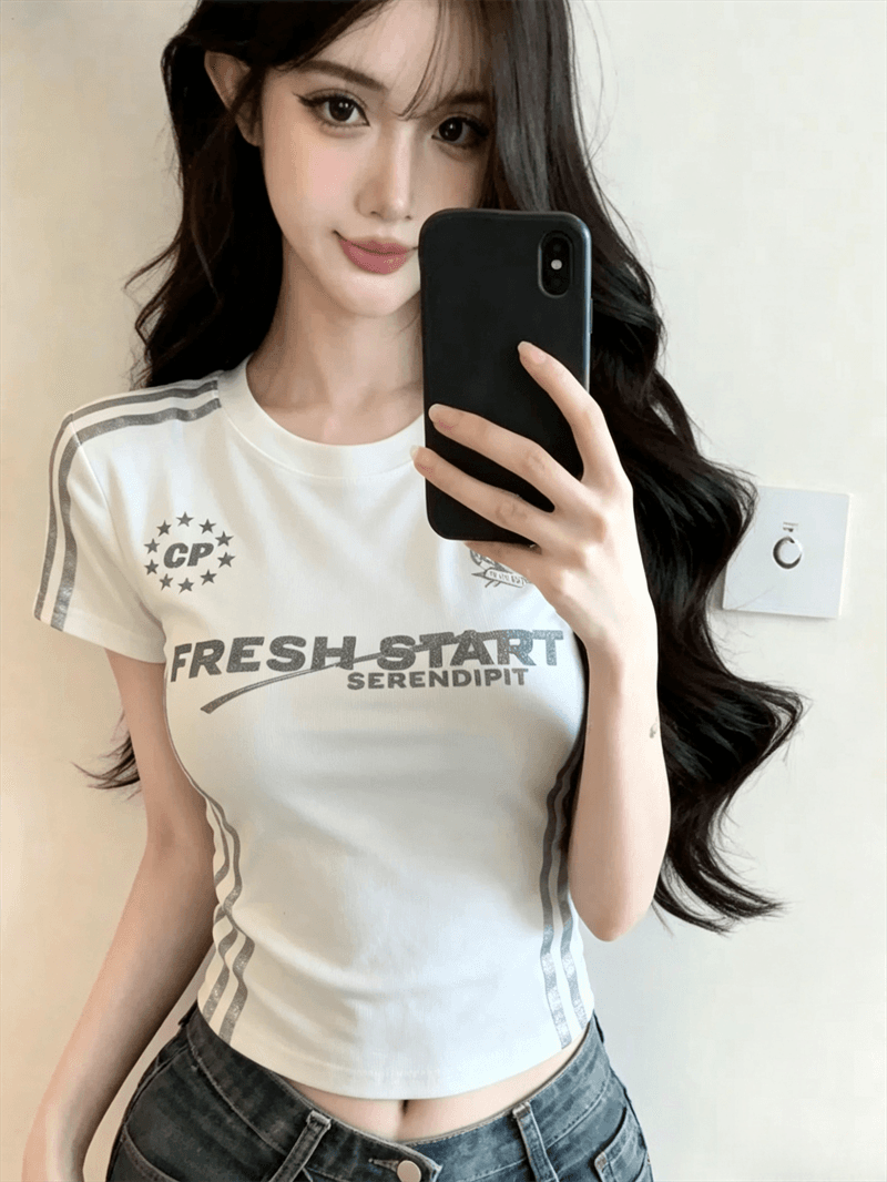 실사 여름 라운드 넥 패치워크 알파벳 염색 몸매 가꾸기 벨트 어깨 패드 맨위 핫걸 쇼트 스타일 디자인 센스 바 기사 티셔츠 상세 이미지 2
