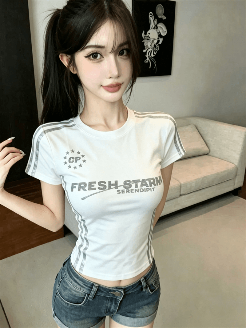 실사 여름 라운드 넥 패치워크 알파벳 염색 몸매 가꾸기 벨트 어깨 패드 맨위 핫걸 쇼트 스타일 디자인 센스 바 기사 티셔츠 상세 이미지 5