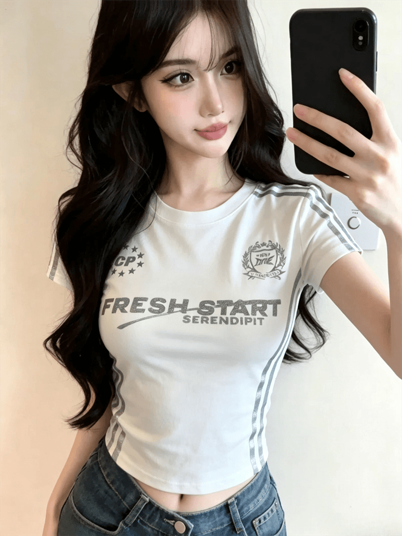 실사 여름 라운드 넥 패치워크 알파벳 염색 몸매 가꾸기 벨트 어깨 패드 맨위 핫걸 쇼트 스타일 디자인 센스 바 기사 티셔츠 상세 이미지 7