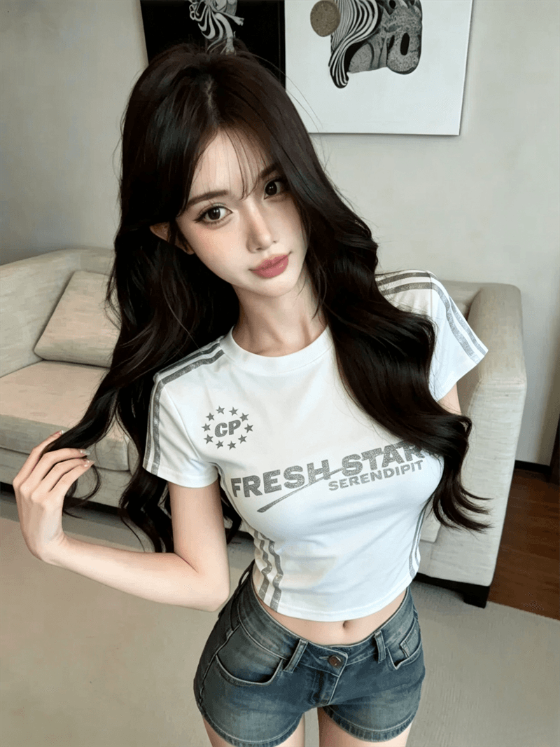 실사 여름 라운드 넥 패치워크 알파벳 염색 몸매 가꾸기 벨트 어깨 패드 맨위 핫걸 쇼트 스타일 디자인 센스 바 기사 티셔츠 상세 이미지 8