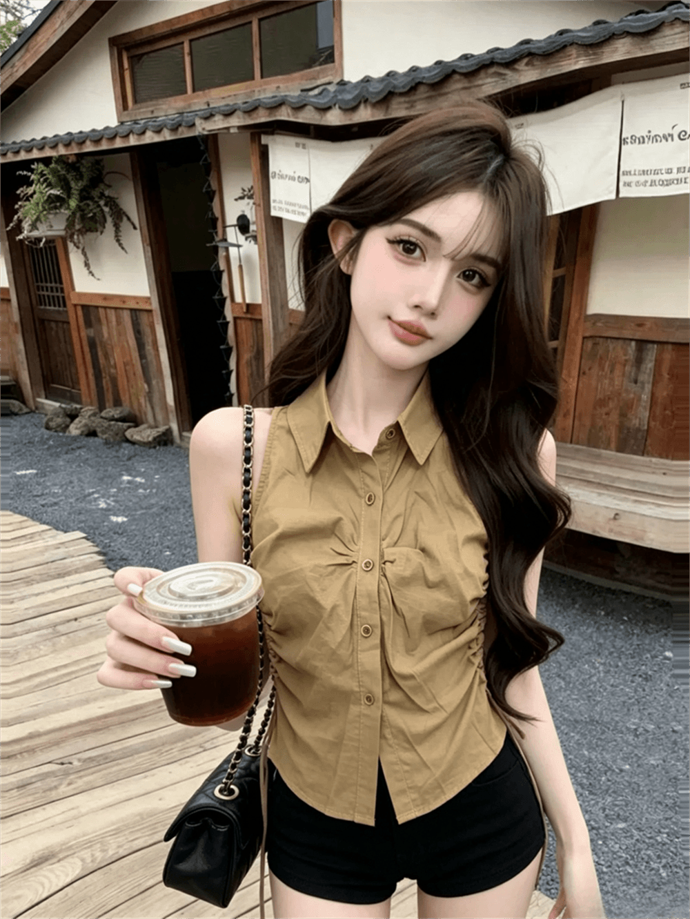 실사 여름 디자인 센스 POLO 칼라 패치워크 싱글 줄 버튼 레이스업 조끼 몸매 가꾸기 펌프 로프 핫걸 민소매 맨위 이미지 3