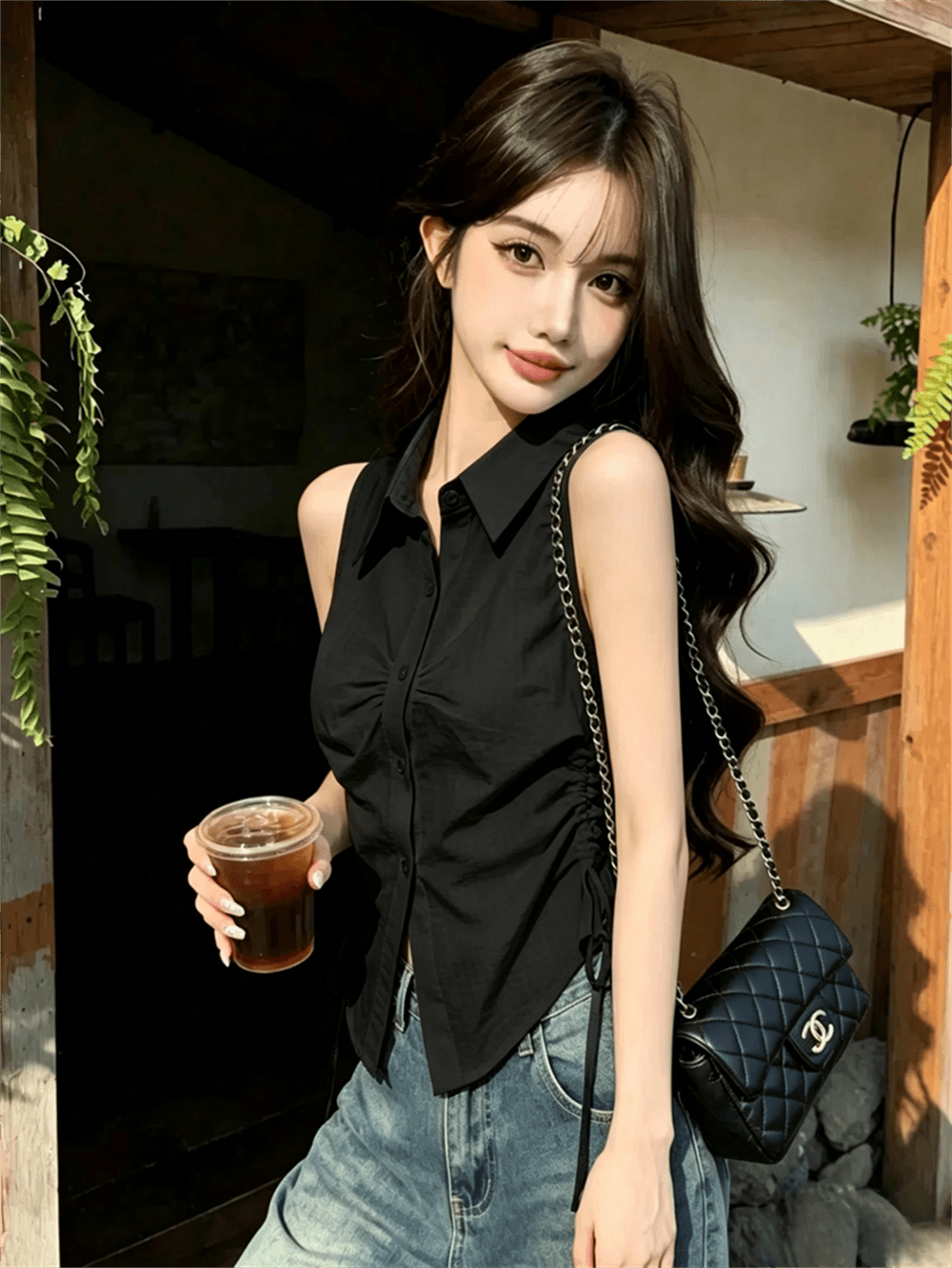 실사 여름 디자인 센스 POLO 칼라 패치워크 싱글 줄 버튼 레이스업 조끼 몸매 가꾸기 펌프 로프 핫걸 민소매 맨위 이미지 4