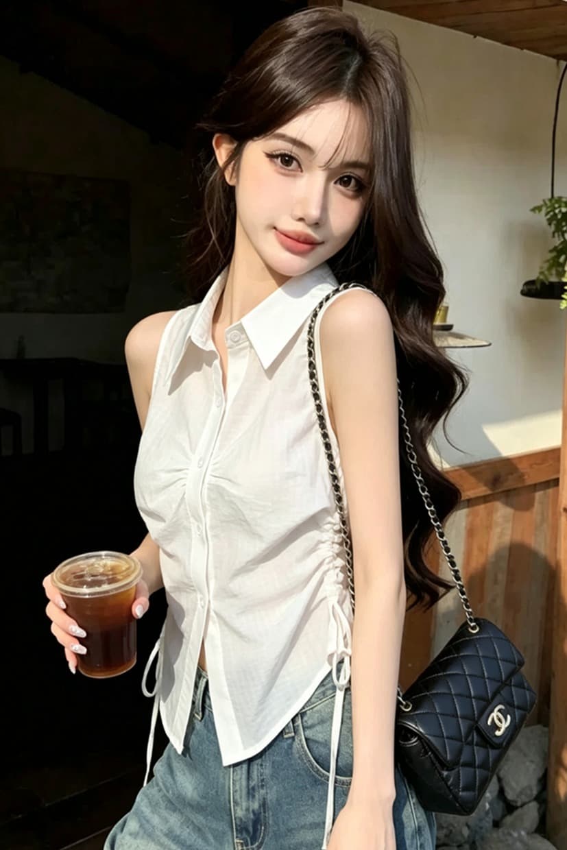 실사 여름 디자인 센스 POLO 칼라 패치워크 싱글 줄 버튼 레이스업 조끼 몸매 가꾸기 펌프 로프 핫걸 민소매 맨위 이미지 6