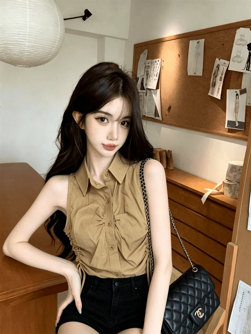 실사 여름 디자인 센스 POLO 칼라 패치워크 싱글 줄 버튼 레이스업 조끼 몸매 가꾸기 펌프 로프 핫걸 민소매 맨위 상세 이미지 2